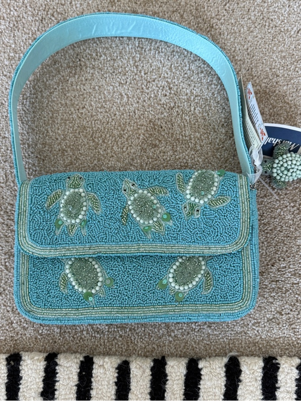 Beaded Sea Turtle Shoulder Bag - Aqua
